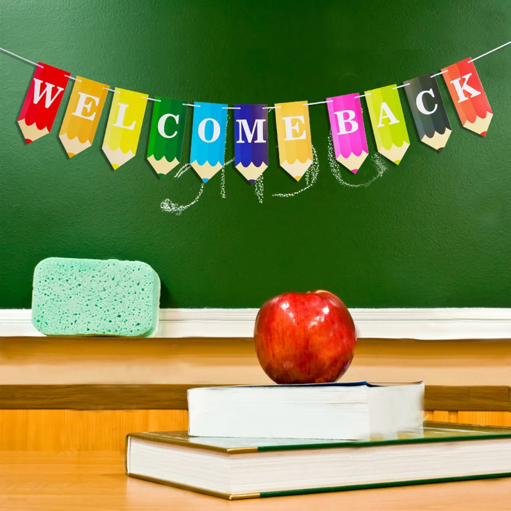 Opening season flag pull welcome back pencil letters banner classroom decoration pull flower return to school party decoration