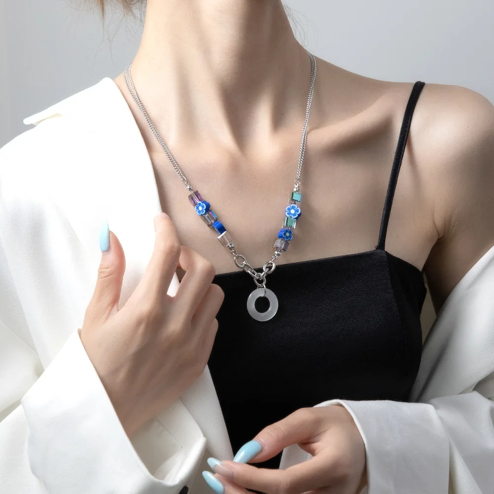 Klein Blue Glass Flowers Beaded Stitching Chain Accessories Double Layer Pendant Necklace Party Simple Cold Style Sweater Chain
