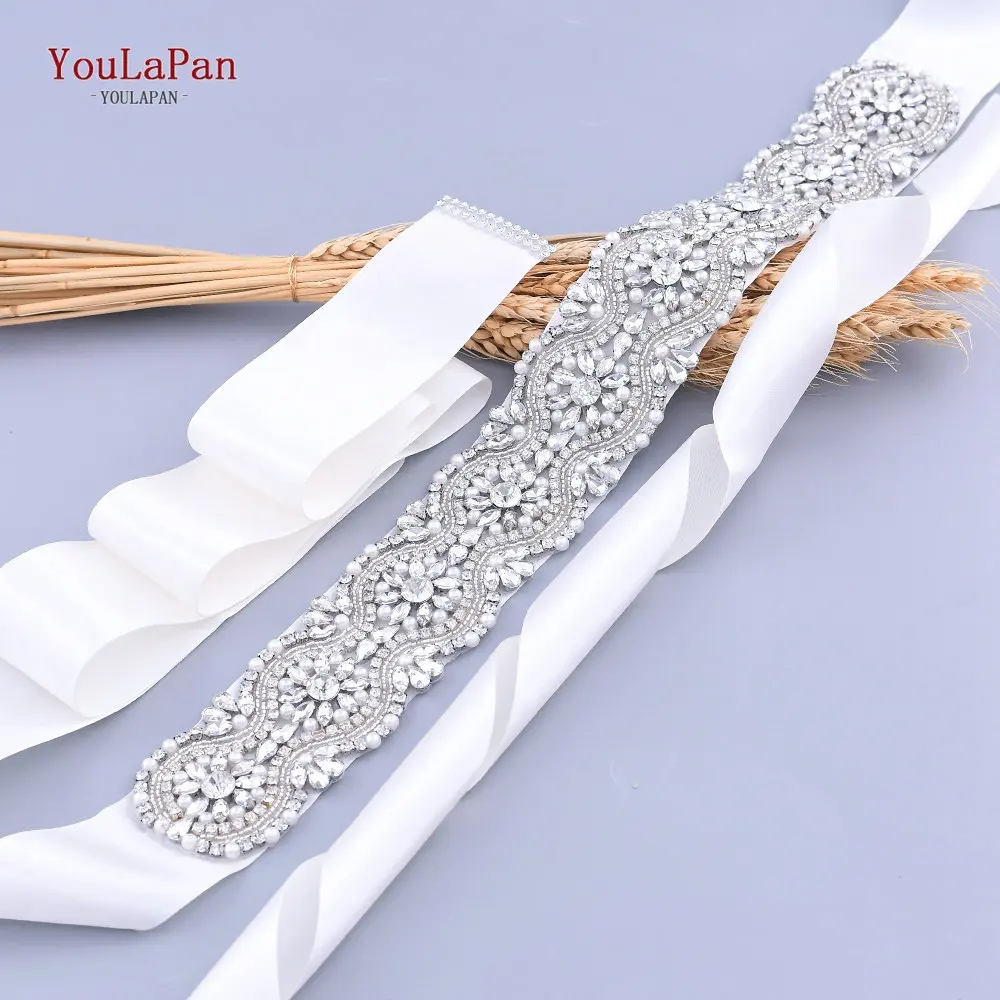 YouLaPan S04 Factory Outlet Wedding Ribbon Belt Customizable Large Size Luxury Silver Rhinestone Pearl Belt Bridal Waist Belt