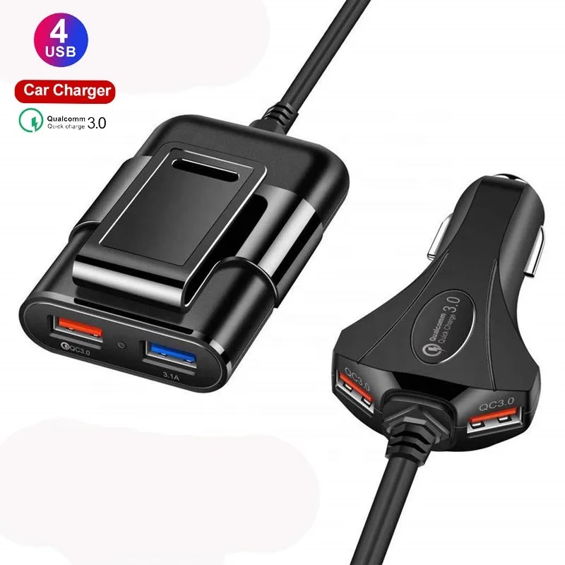 Wholesale QC 3.0 Front And Back Seat Extension Cord Vehicle Charger 1.8m 12A Quick Charging 4 USB Ports Car Charger