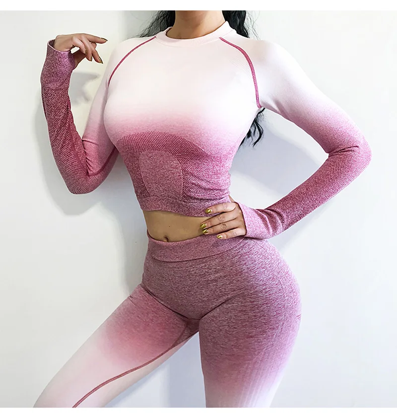 Women Yoga Set Gym Clothing Ombre Seamless Gradient Leggings Long sleeve Top Workout Sport Suit Women Fitness Set Active Wear
