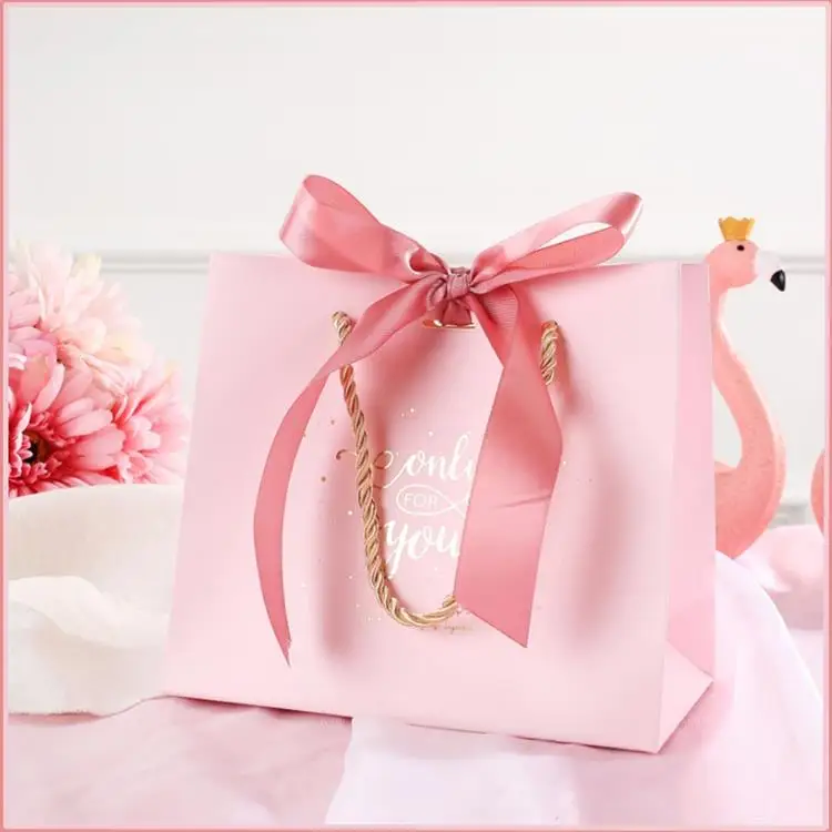  Custom Logo Printing Luxury Small Pink White Fashion Shopping Retail Gift Paper Bags With Ribbon