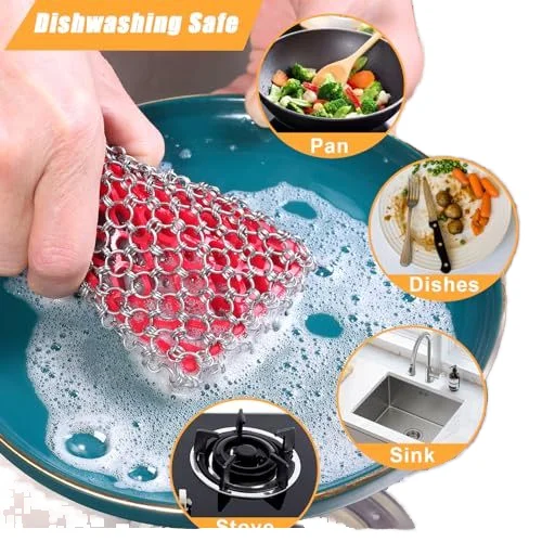 Premium 316L Stainless Steel Chainmail Scrubber with Silicone Insert Cast Iron Cleaner Set for Kitchen Cleaning Sponge Included