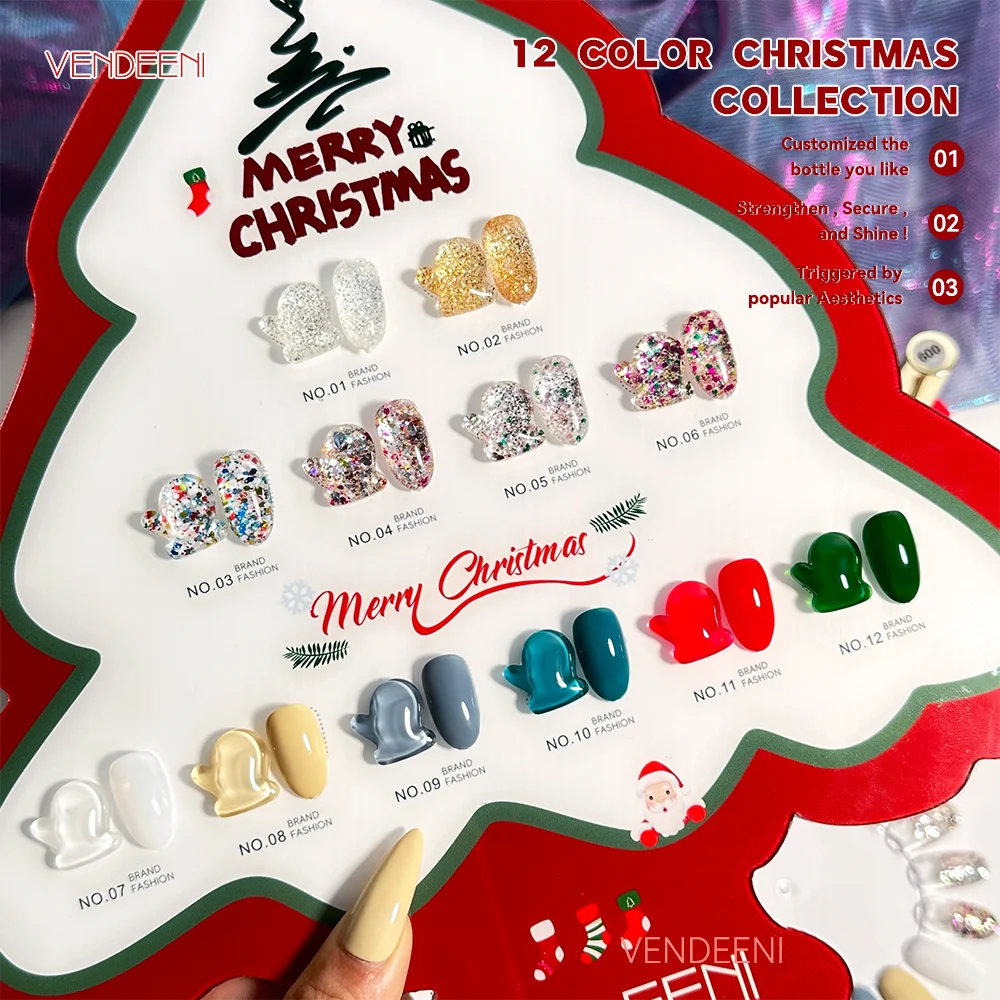Vendeeni christmas 12 colors glitter diamond gel nail polish set hema free uv gel nails art solid color nails gel oem supplier