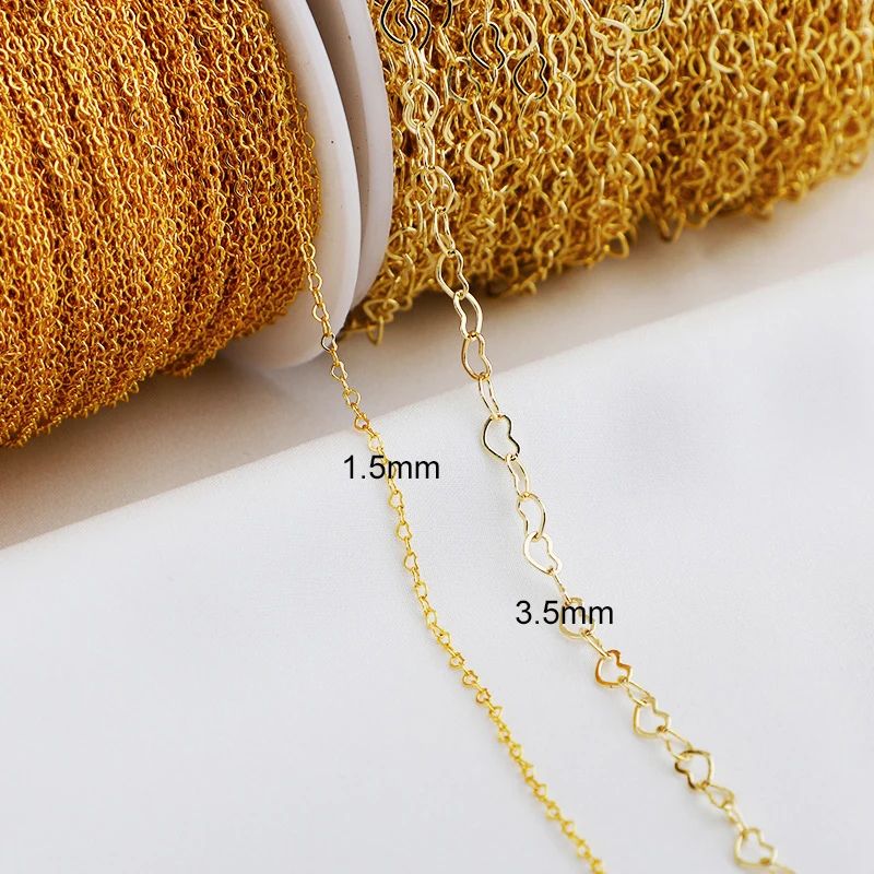 diy factory wholesale shiny gold plated love heart loose chain for jewelry making 1.5mm 3.5mm