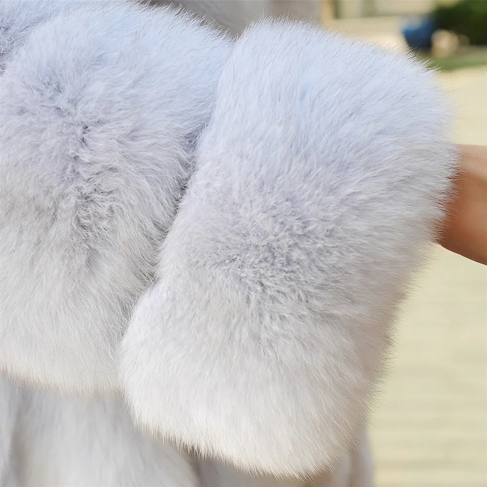 White plain color luxury real fox fur coat round collar women winter fur loose coat