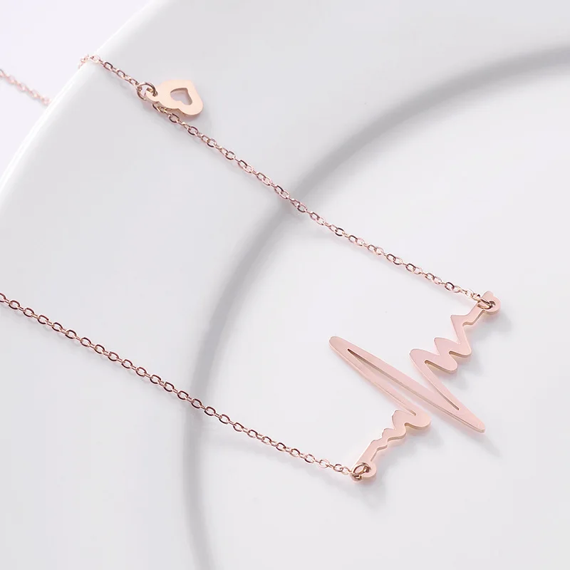 Fashion 18K Gold Plated Romantic Love Electrocardiogram Pulse Charm Pendant Necklace Stainless Steel Heartbeat For Women