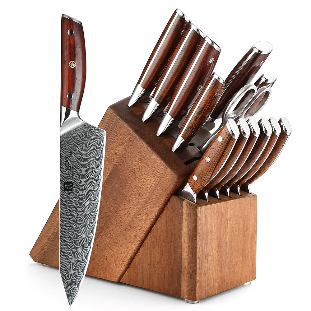 XINZUO 15 pcs Knives High Quality 10Cr Damascus Steel Sharp Kitchen Chef Knife Set with Sharpener Scissors wooden Block