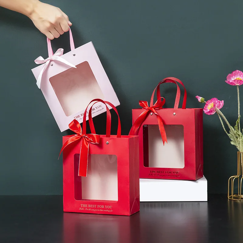 Custom clear window up kraft paper bag china white kraft square bottom paper gift bags with window with handles