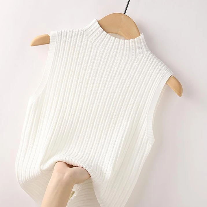 Half neck wide pit striped knitted vest summer new casual retro chic sleeveless top bottoming shirt vest for ladies