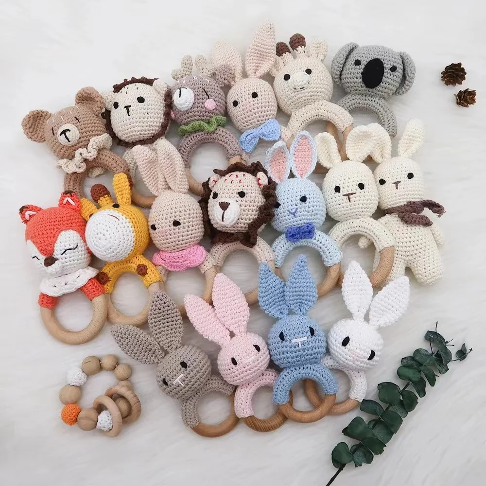 Customized Baby Rattle Crochet Bunny Rabbit Cartoon Rattle Toys Wooden Teether Rings Newborn Animal Rattle