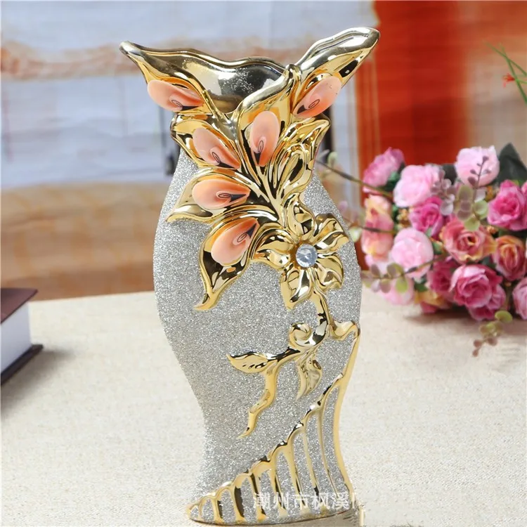 chaozhou luxury ceramic vase with metal gold flower embossed rustic flower vase for home weeding table decor