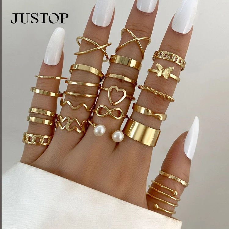 20pc/set Hollow Love Butterfly Female Ancient Silver Ring Set Pearl Gold Tai Chi Snake Drip Oil Ring Jewelry
