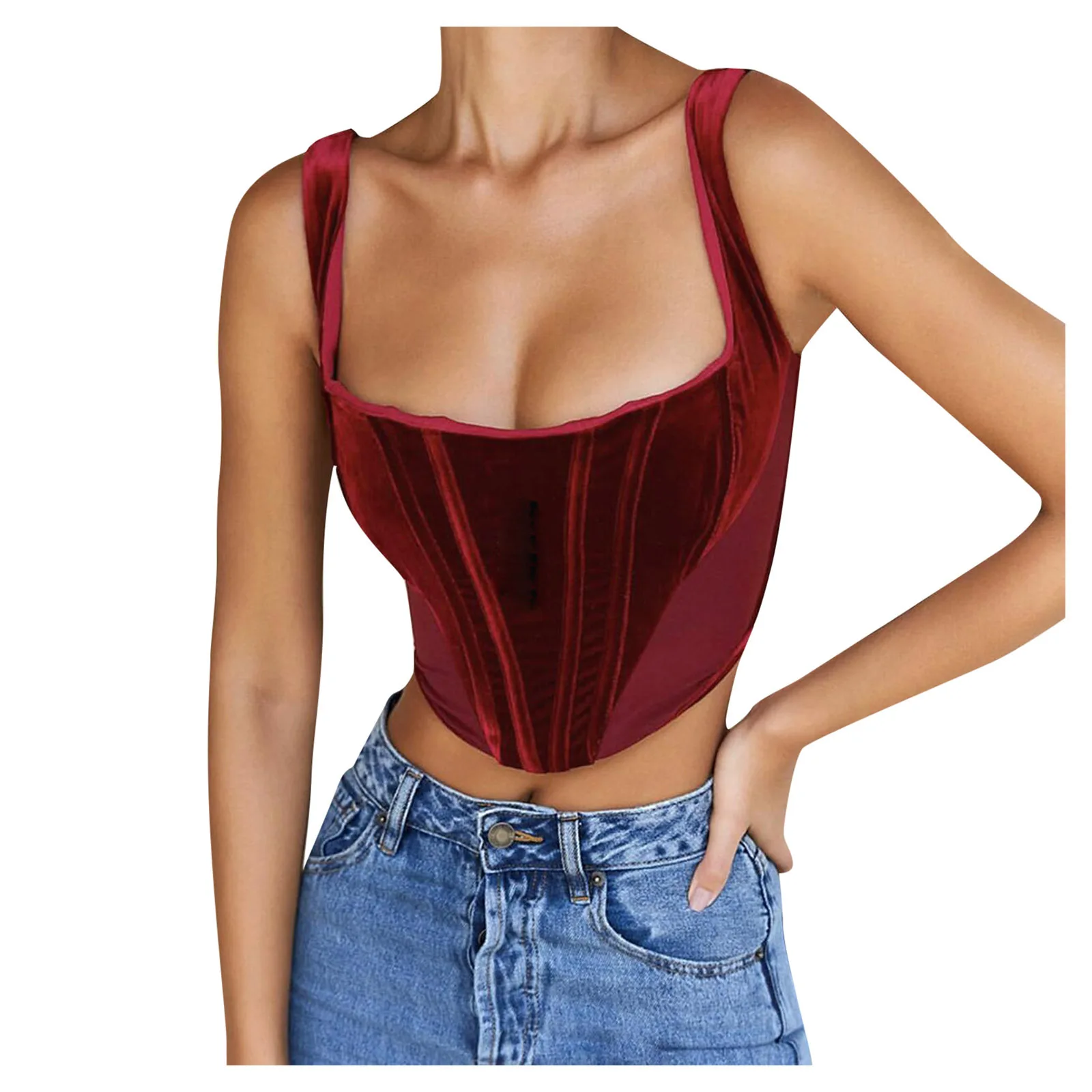 Quality Burgundy velvet lady Corsets sleeveless Crop tank Top woman clothes Sexy design bone corsets and bustiers