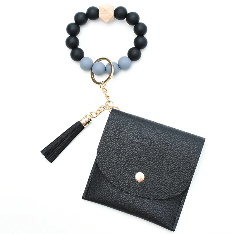 Tassel Key Ring Bangle Purse Designer Leather Card Holder Silicone Beaded Wristlet Keychain Wallet