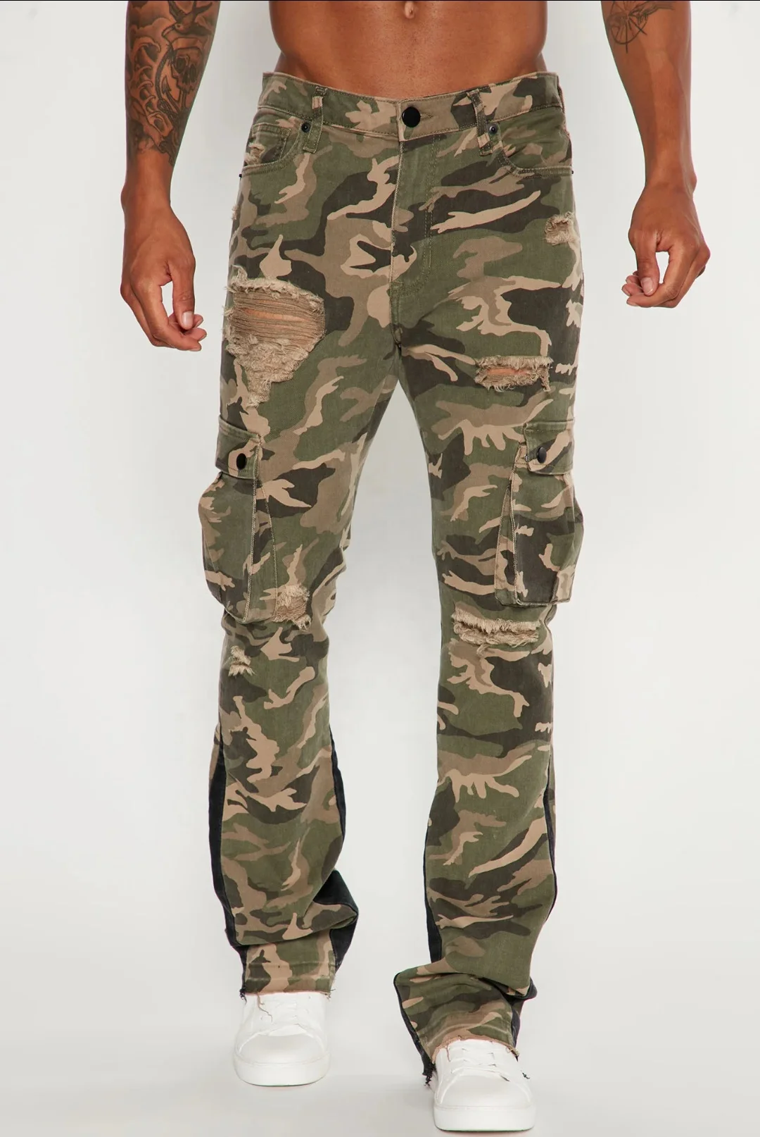 KY Distress Custom Camo Flare Pants Men Cargo Pants Manufacturer Patchwork Camouflage Pants for Men