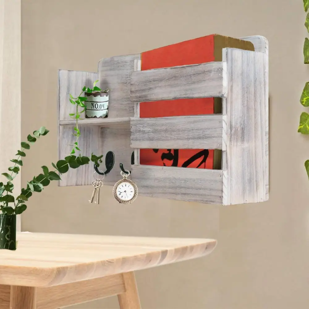 JUNJI Roll Over Image to Zoom in Honest Torched Wood Rustic Wall Mounted Key & Mail Holder Rustic Wood Floating Wall Shelves