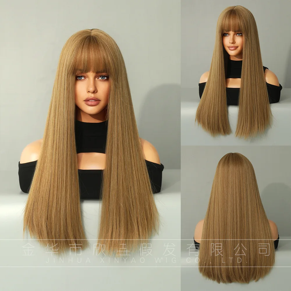 2023 Hot Style European and American wig long hair blond 22INCH bangs long hair chemical fiber head set wholesale