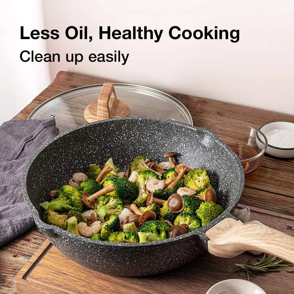 Лидер продаж алюминиевая кастрюля для вок с черным зернистым покрытием 28 см крышкой и деревянной