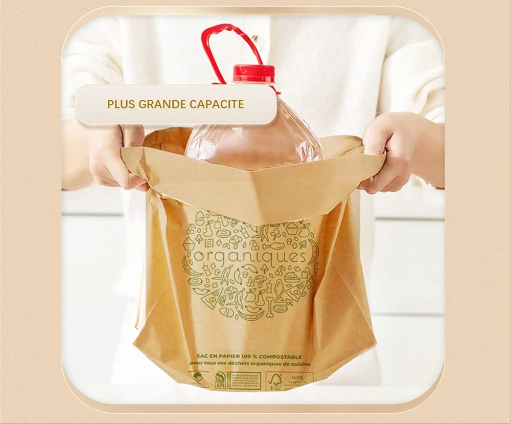 Custom Printed Compostable Food Waste Packaging Biodegradable Disposable Brown Kraft Paper Garbage Bag Without Handles