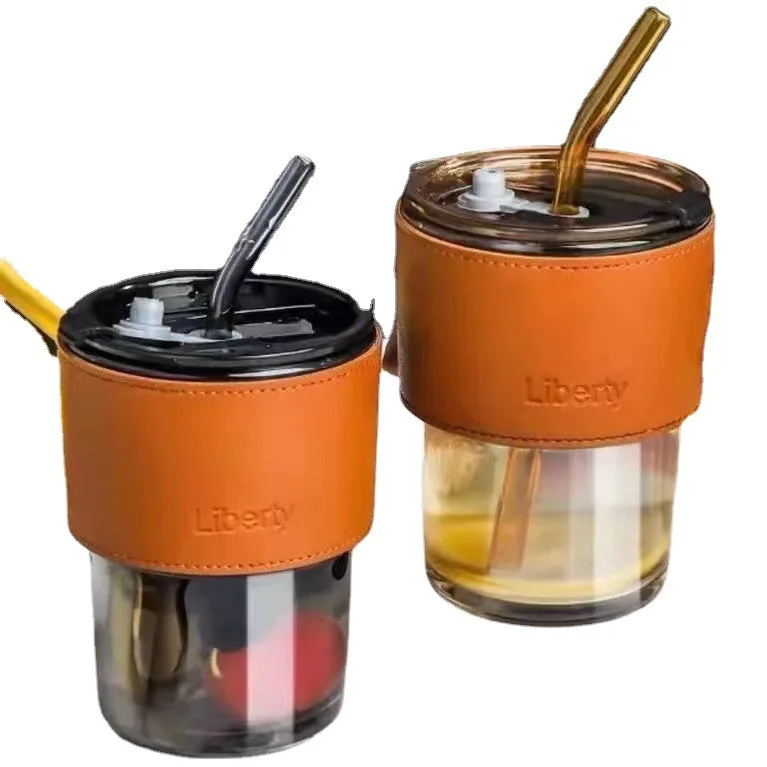 Coffee Cup Creative High Beauty Portable Bamboo Cup with Lid Glass Water Cup ins Wind Net Red 450ml Leather Cover