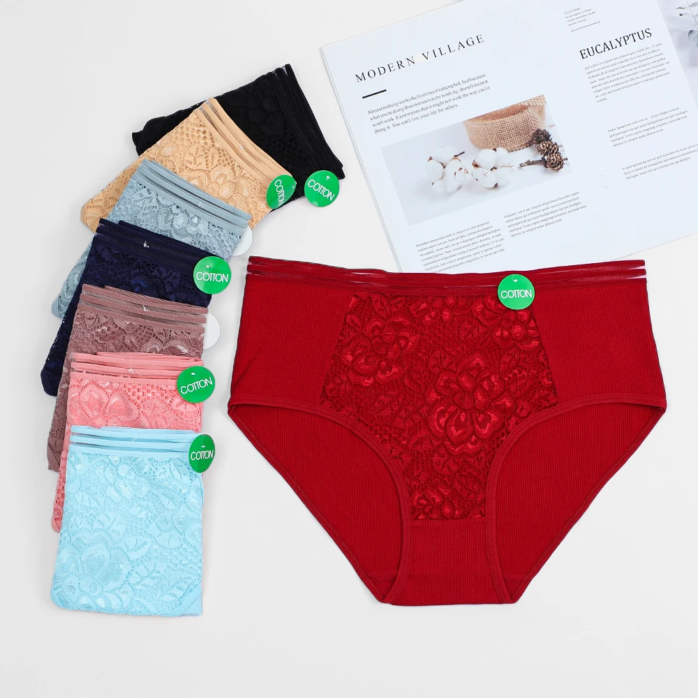 Wholesale free plus size XL-2XL-3XL women Ribbed cotton Lace panties solid no print mid rise big elastic fat ladies underwear