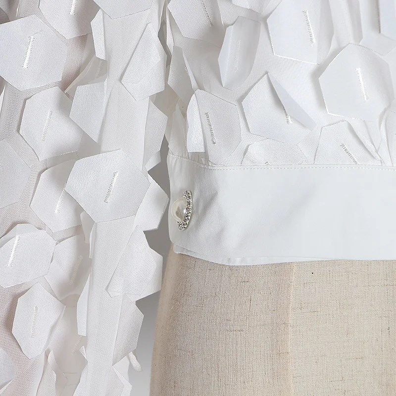  Блузка женская с воротником-стойкой ажурный кружевной топ в стиле пэчворк Элегантная Модная рубашка длинным рукавом весна