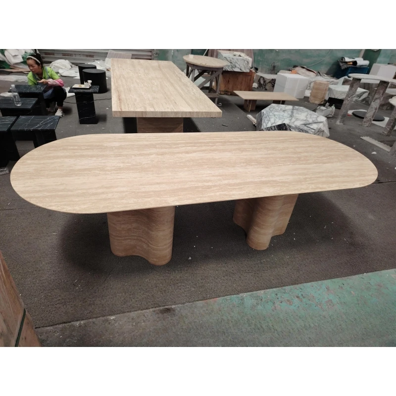 SHIHUI Customized Design Oval Furniture Natural Stone Beige Travertine Large Marble Dining Tables Luxury