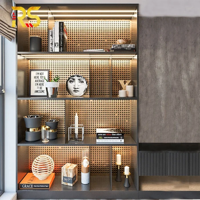 Gold stainless steel salon wall decoration modern display shelf wall display cabinet