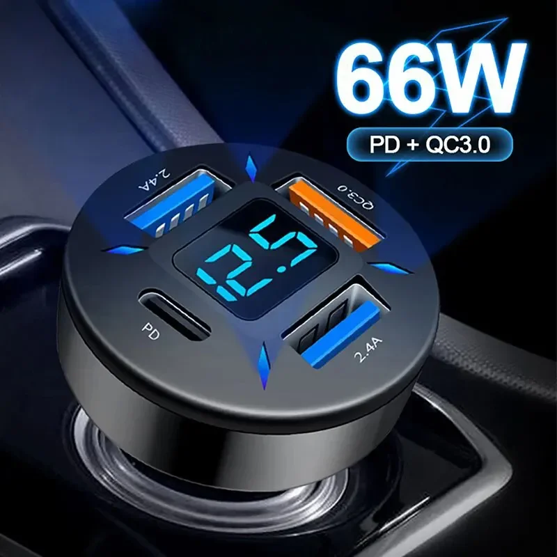 4 Ports 66W USB Car Charger Fast Charging PD Quick Charge 3.0 USB C Car Phone Charger Adapter For iPhone 15 Xiaomi Samsung