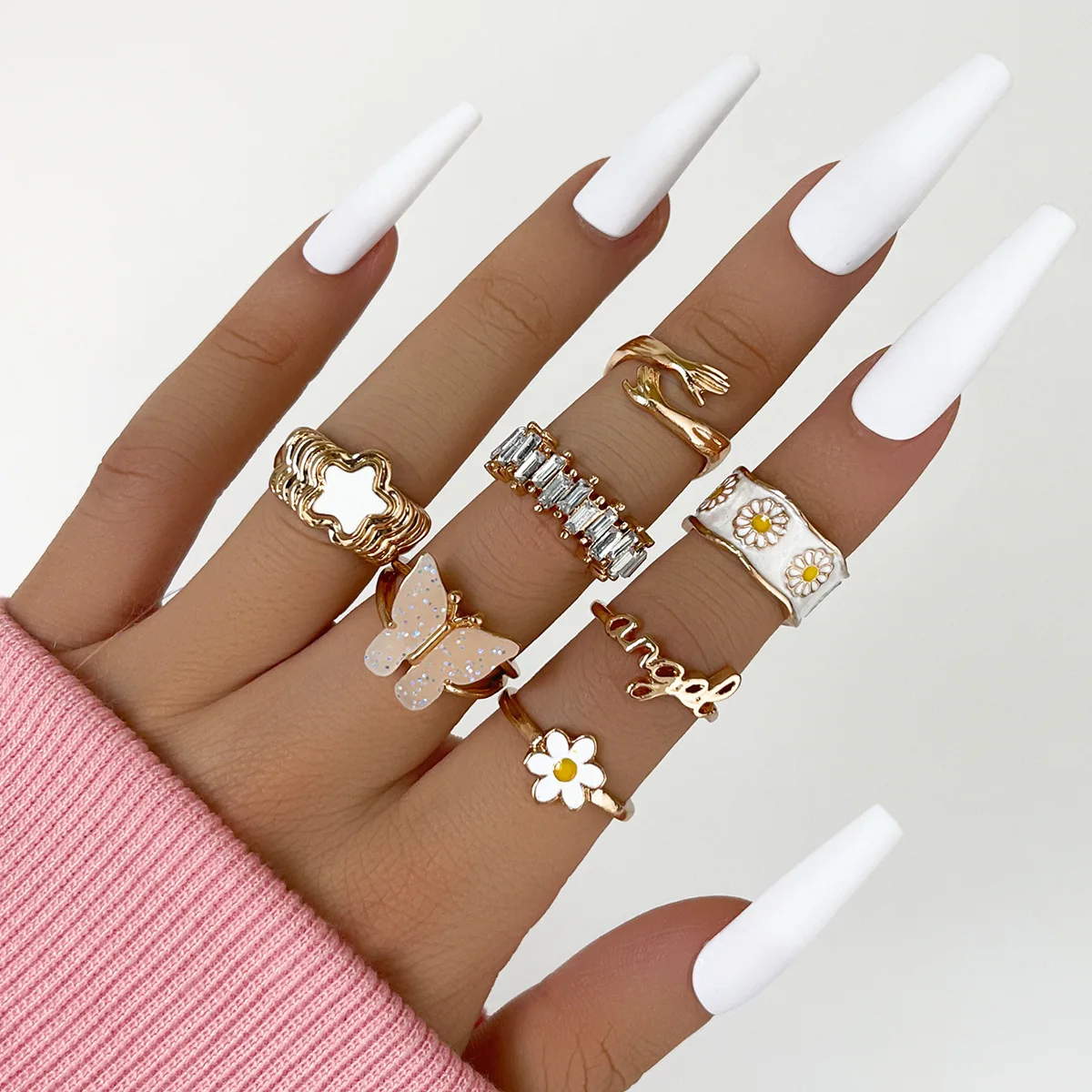 7PCS/Set Bohemian Heart inlaid Crystal white Flower Butterfly Rings Set For Women wholesale Jewelry Finger Rings Set