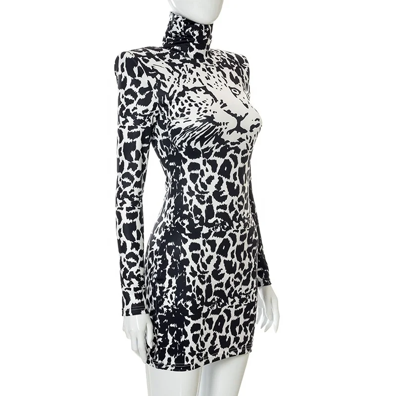 LW 2021 womens fall and winter fashion casual animal printed sexy slimming pullover crew neck long sleeve short romantic dress