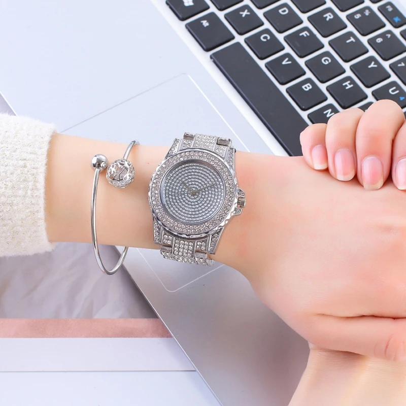 Watch Factory In Stock All Diamonds Alloy Steel Gold Watch Women Luxury Jewelry Dress Wristwatch