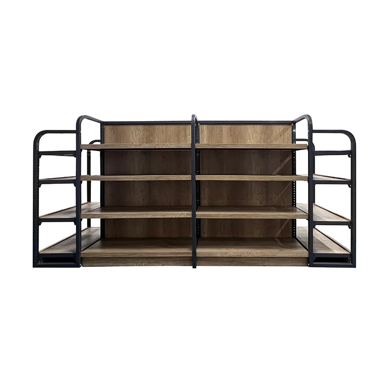 Factory Custom Wooden Double Sided Retail Store Supermarket Gondola Display Shelves Racks
