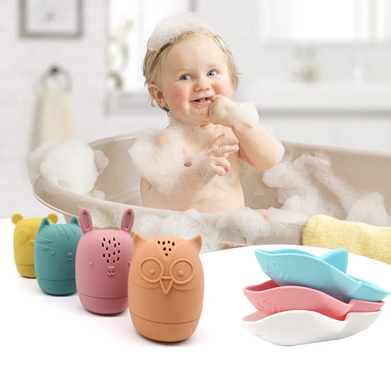Hot Sale Cute Animal Beach Toys educational Baby Toys eco-friendly Bath baby silicone Owl Shark Boat Floating toys for Toddler
