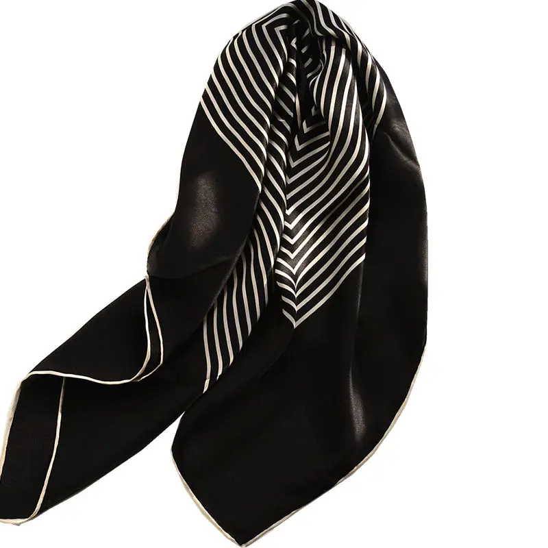 Высококачественный атласный шарф из натурального шелка, Женская шаль в черно-белую полоску с принтом, шарфы большого размера, квадратная бандана, оптовая продажа