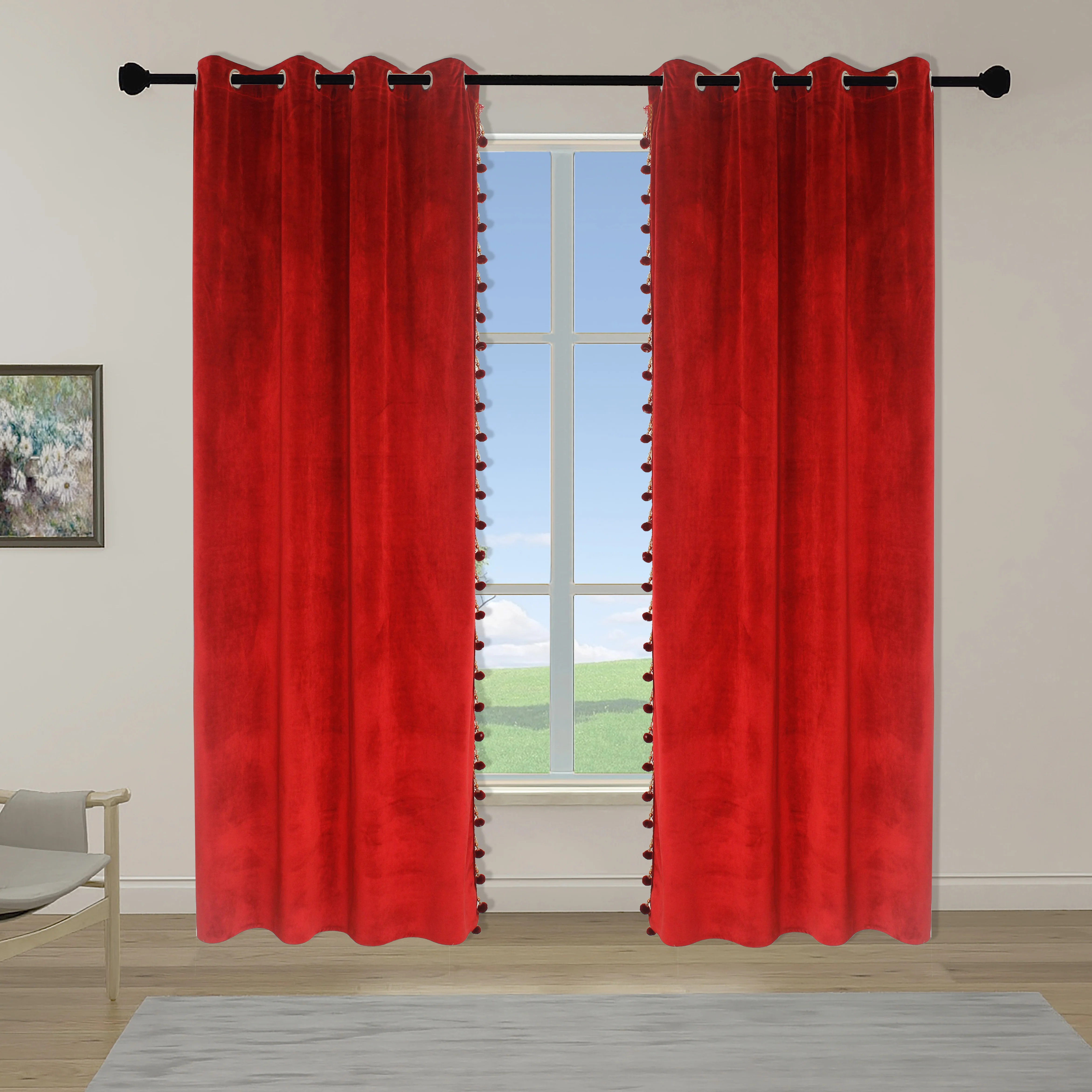 American Wine Red Luxury Blush Crushed Velvet Long Bedroom Living Room Macrame Blackout Curtains Drapes Bedroom With Tassel (1600402305031)