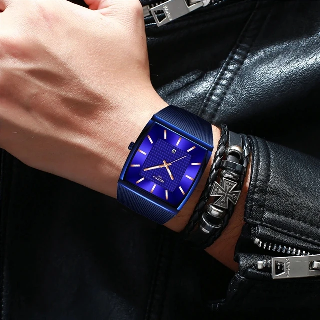 NIBOSI 2376 Square Luxury Mens Stainless Steel Date Clock Ultra Thin Quartz Watch