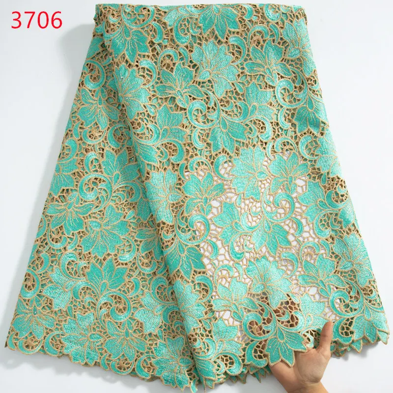 3706 Newest Mint Green Guipure Cord Lace Fabric with Rhinestones High Quality African Lace Fabric for Women Wedding Dresses Sew