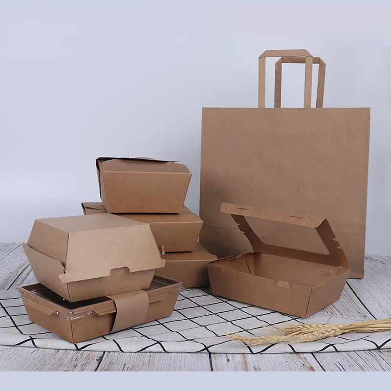 Fast Food Biodegradable Container Recycle Box Original Color Kraft Paper Food Container Take Away Kraft Food Package Boxes