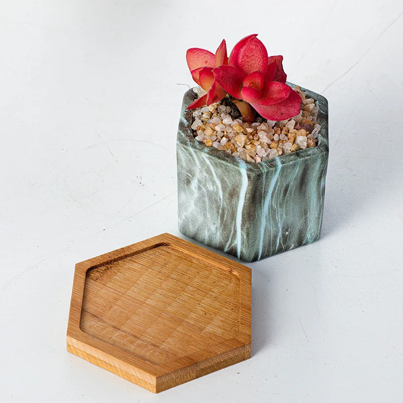 Wholesale Ceramic Wood Grain Marble Grain Succulent Flower Pot With Drainage Hole and Bamboo Saucer