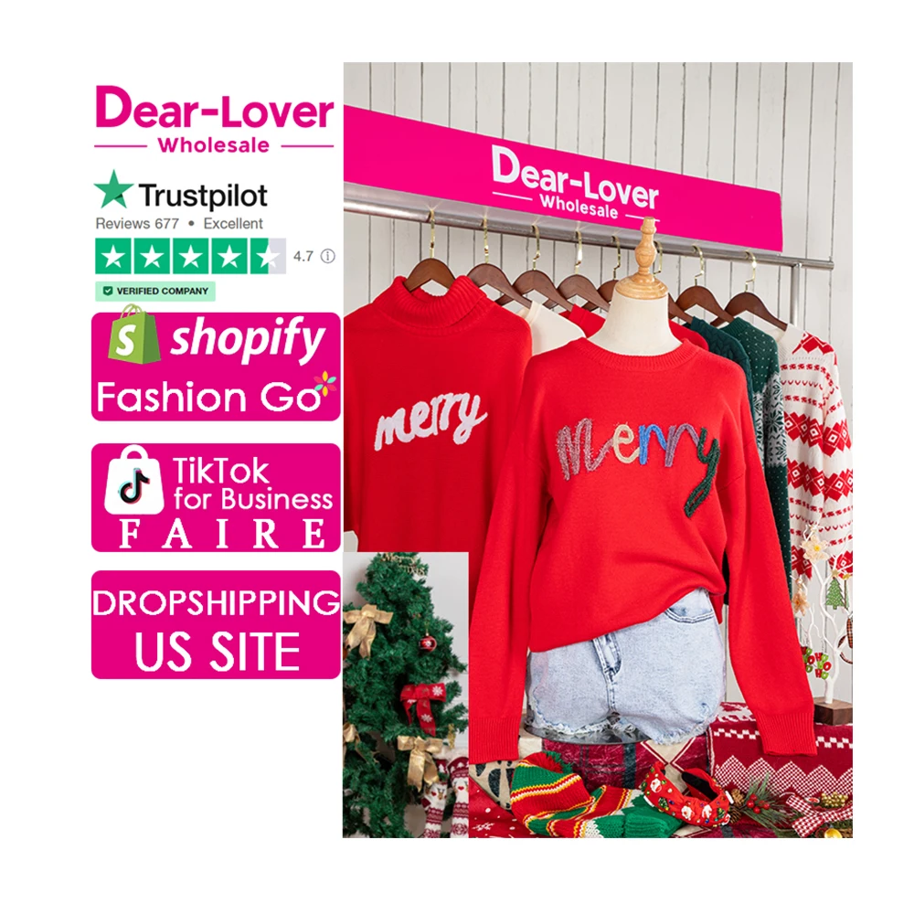 Dear-Lover Women Fiery Red Tinsel Merry Letter Drop Shoulder Baggy Sweater