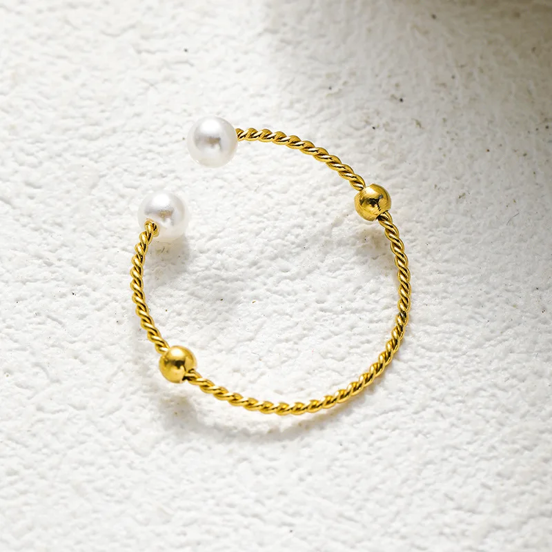 Wholesale Elegant Gold Plated Stainless Steel Minimalist Pearl Ring Women Adjustable Opening Rings