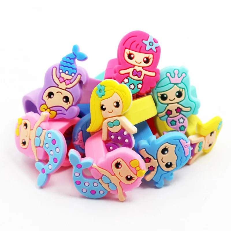 New Mermaid Ring Pvc Soft Rubber Kids Ring Cartoon Design Cute Colorful Silicone Rings for Gift