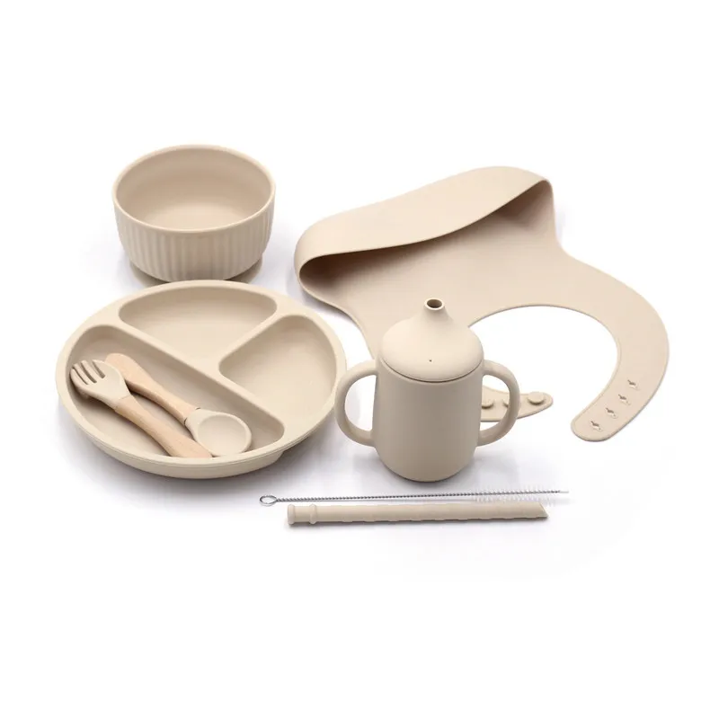 Nordic New Children Bib Suction Bowl Spoon Baby Silicone Supplementary Food Bowl Plate Mouth Feeding Set