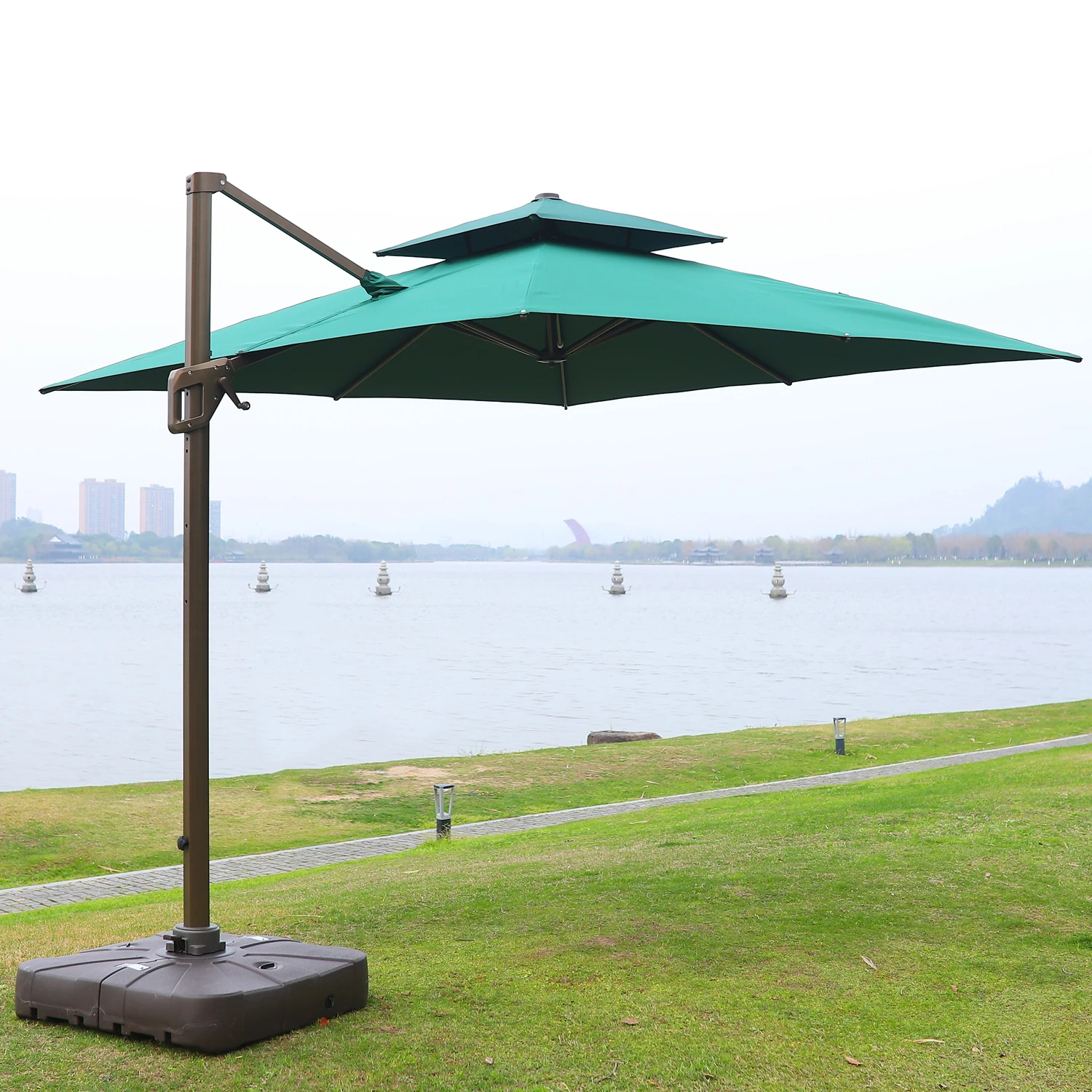 Uplion roma garden umbrella 3m*3m double roof Aluminium Square Hanging Umbrella Windproof Offset Large Cantilever
