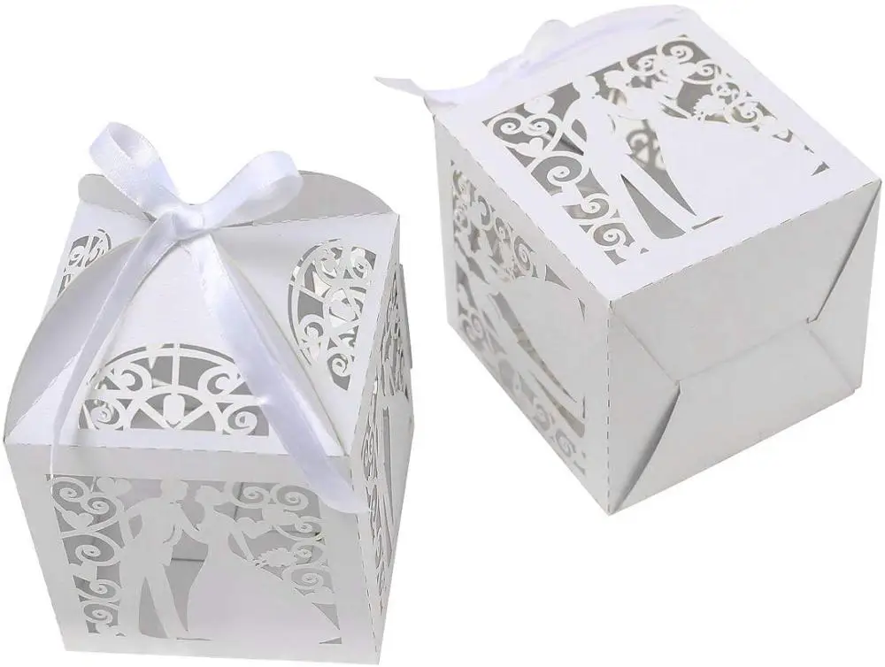 Wholesale Wedding Candy Favors Box Laser Cut Bride Groom Pearl Paper Party Wedding Favor Ribbon Candy Boxes Large Size Gift Box