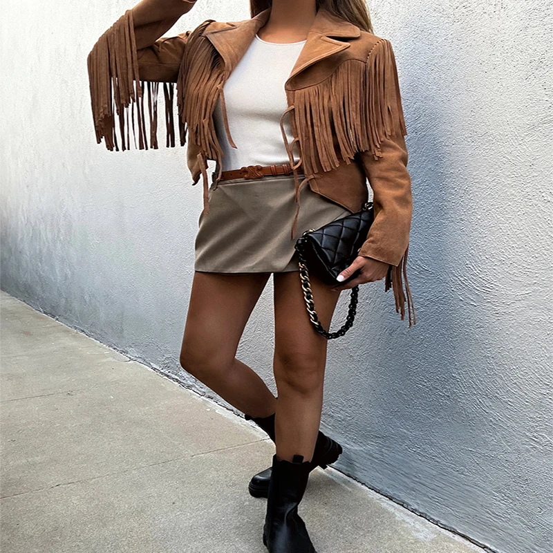 New Custom Women New Fashion Faux Suede Tassel Jackets Lapel Cropped Motorcycle Jacket