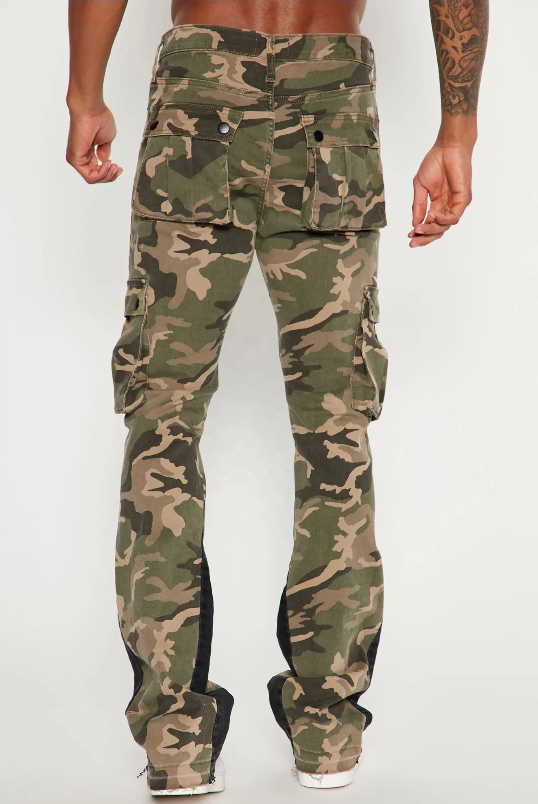 KY Distress Custom Camo Flare Pants Men Cargo Pants Manufacturer Patchwork Camouflage Pants for Men