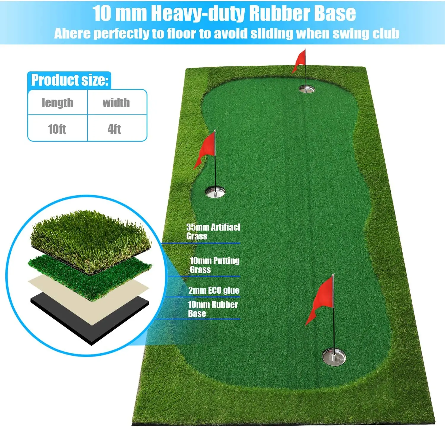 Golf Putting Green/Mat-Golf Training Mat- Professional Golf Practice Mat- Green Long Challenging Putter for Indoor/Outdoor